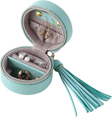 Mini boîte de rangement ronde portable en cuir pour bijoux, boîte de rangement de voyage avec fermeture éclair