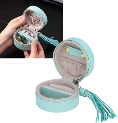 Mini boîte de rangement ronde portable en cuir pour bijoux, boîte de rangement de voyage avec fermeture éclair