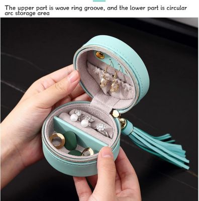 Mini boîte de rangement ronde portable en cuir pour bijoux, boîte de rangement de voyage avec fermeture éclair