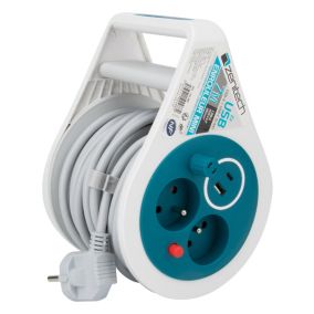 Mini enrouleur 2 prises P+T + 2 USB - 7m - Bleu - Zenitech
