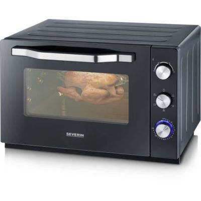 Mini Four Electrique Four posable XXL a chaleur tournante SEVERIN - 60 L - 2 200 W - Tournebroche et pierre a pizza - Noir/Inox