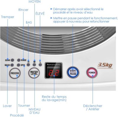 Mini Machine a Laver a Godet Unique Puissance de 240W Lave linge avec Panneau de Commande Multifonction