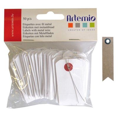 Mini étiquettes blanches 3 x 5,5 cm avec fil métal + 20 étiquettes kraft Fanion
