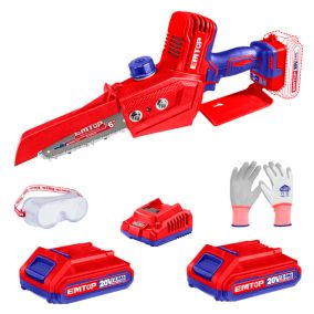 Mini tronçonneuse à batterie Scie à chaine sans fil EMTOP 20V brushless avec 1 chargeur + 2 batteries lithium-ion 2.0Ah + Gant