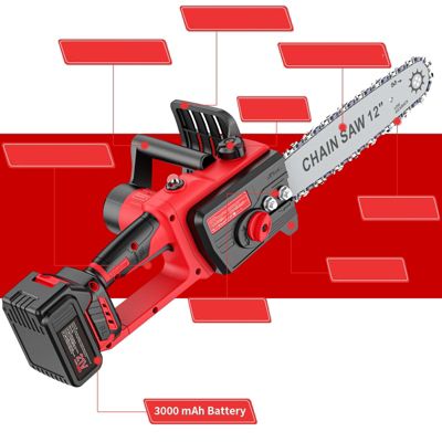 Mini Tronconneuse a Batterie 12 Pouces 6000mAh - Tronçonneuse Electrique Sans Fil Portable et 2x 3000mAh Batteries + 2x Chaines