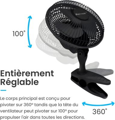 Mini Ventilateur 15cm Noir à Pince avec 2 Vitesses + Clip - Ventilateur de Table Petit Portable Silencieux avec Rotation 360
