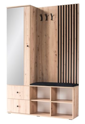 Minio go for it, Ensemble vestiaire MALI, avec miroir, avec lamelles 3D, avec siège tapissé, Chêne Artisan / Couleur noire