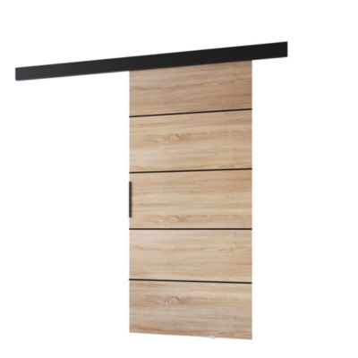 MINIO go for it, porte coulissante PRIM1K106cm, barre décorative, panneau supérieur, poignée de porte en noir, Chêne Sonoma/Noir