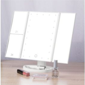 Miroir 3 panneaux avec 21 LED lumineuses et toilettes, idéal pour cosmétique, 34x27,3x12cm, E280, Blanc