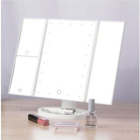 Miroir 3 panneaux avec 21 LED lumineuses et toilettes, idéal pour cosmétique, 34x27,3x12cm, E280, Noir