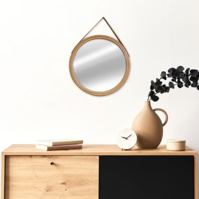 Miroir à lanière en cuir et cadre en bambou Ø32cm
