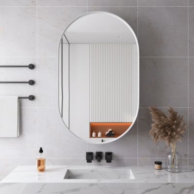 Miroir - Armoire Miroir Ovale avec Meuble de Rangement Mural Pour Salle de Bain, Salon ou Chambre, 85 x 51 x 12 cm, Blanc