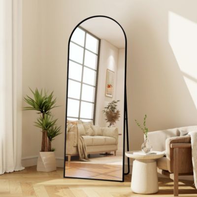 Miroir autoportant arqué 173x63 cm, installation au sol ou murale, Grand miroir sur pied, Noir