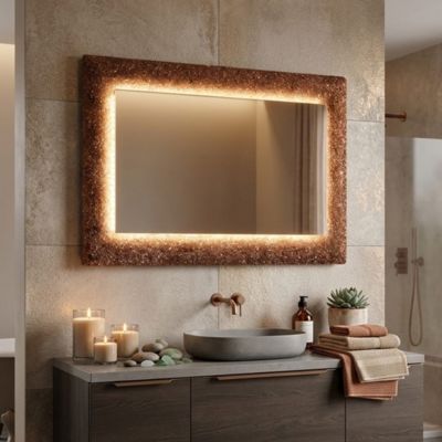 Miroir Avec Cadre En Granulés De Verre Fondu Bronze Et Éclairage Led 90 X 62 Cm