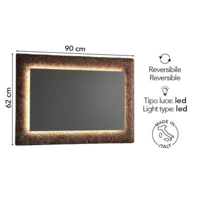Miroir Avec Cadre En Granulés De Verre Fondu Bronze Et Éclairage Led 90 X 62 Cm