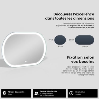 Miroir avec LED Illumination Salle de Bain - Freya, 140x80 cm, Blanc Froid 7000K, Interrupteur Tactile