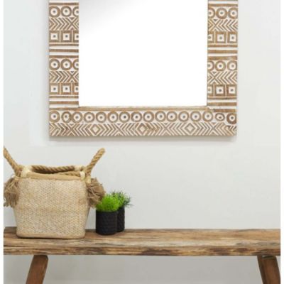 Miroir Aztèque en manguier sculpté et blanchi