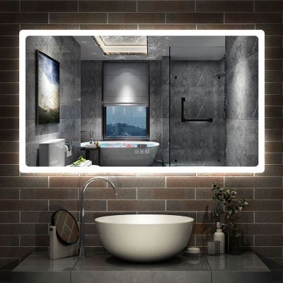Miroir Bluetooth 140x80 cm, tricolore + horloge + mémoire + dimmable + anti-buée, miroir LED étanche IP44, AICA SANITAIRE
