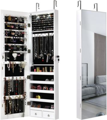 Miroir Boîte à Bijoux Mural avec LED, Fermeture et 2 Tiroirs, Rangement Anneaux Boucles Blanc