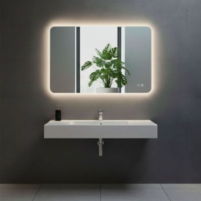 Miroir à bord poli 100x70 cm avec coins arrondis et rétroéclairage périmétrique, interrupteur tactile et système antibuée
