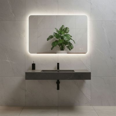 Miroir à bord poli 100x70 cm avec coins arrondis et rétroéclairage périmétrique, interrupteur tactile et système antibuée