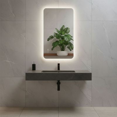 Miroir à bord poli 100x70 cm avec coins arrondis et rétroéclairage périmétrique, interrupteur tactile et système antibuée