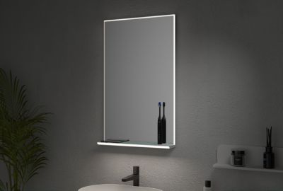 Miroir chauffant anti-buée rectangulaire lumineux LED avec rebord, station de recharge pour smartphone et brosse à dents, 50cm
