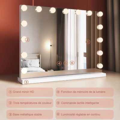 Miroir de maquillage éclairé Hollywood SIRHONA avec 15 ampoules LED Dressing chambre Blanc Contrôle tactile intelligent