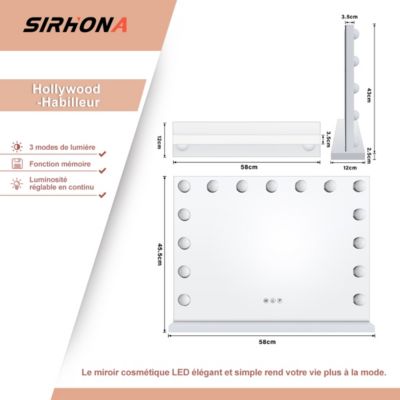 Miroir Maquillage LED 15 Lumières - 3 Couleurs Dimmables, Contrôle Tactile, 58x45.5cm