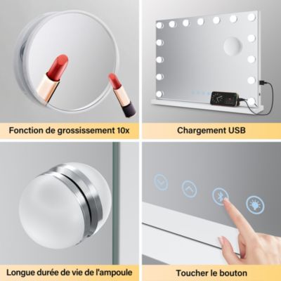Miroir de Maquillage Éclairage LED Sirhona 80x60x10 cm + Bluetooth + Loupe 10X + Port USB + Température à Tricolore