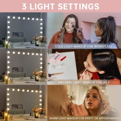 GASHIO Grand Miroir De Maquillage Hollywood Avec Éclairage LED - 3 Couleurs, Tactile, Rotatif 360°