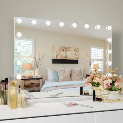 Miroir Coiffeuse Hollywood Lumineux 80x55 Cm - LED Réglables Tactile - Port USB - Miroir Grossissant 10x - Pour Maquillage