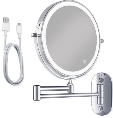 Miroir De Maquillage Lumineux LED Rechargeable Chrome, Grossissement 1-5x