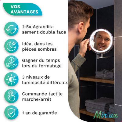 Miroir De Maquillage Lumineux LED Rechargeable Chrome, Grossissement 1-5x