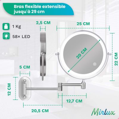 Miroir De Maquillage Lumineux LED Rechargeable Chrome, Grossissement 1-5x