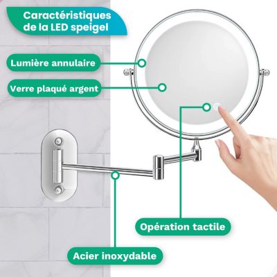 Miroir De Maquillage Lumineux LED Rechargeable Chrome, Grossissement 1-5x