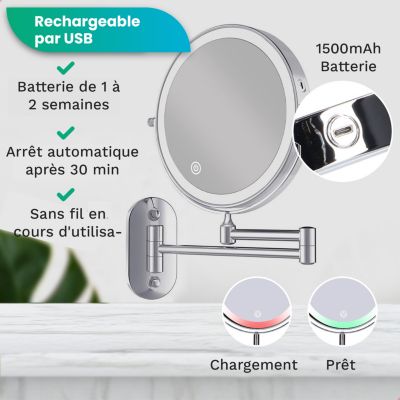 Miroir De Maquillage Lumineux LED Rechargeable Chrome, Grossissement 1-5x