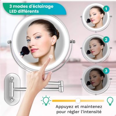 Miroir De Maquillage Lumineux LED Rechargeable Chrome, Grossissement 1-5x