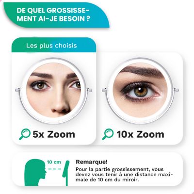 Miroir De Maquillage Lumineux LED Rechargeable Chrome, Grossissement 1-5x