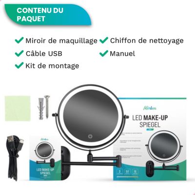Miroir de Maquillage éclairé par LED Grossissement 1x / 7x Double Face