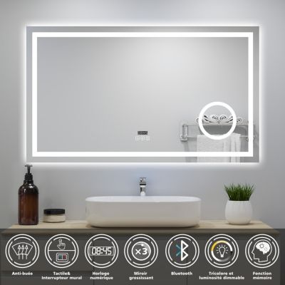 Miroir de Salle de Bain 120x70cm avec Bluetooth,3 couleurs d'éclairage,anti-buée, horloge numérique,IP44