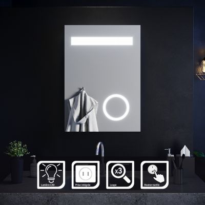 Miroir de Salle de Bain 70 x 50 cm Eclairage LED Miroir avec loupe 3x et prise pour electrique etanche IP44