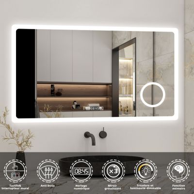 Miroir de salle de bain anti-buée avec horloge, blanc froid chaud neutre tactile mural miroir 100x60cm, AICA SANITAIRE