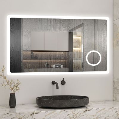 Miroir de salle de bain anti-buée avec horloge, blanc froid chaud neutre tactile mural miroir 100x60cm, AICA SANITAIRE