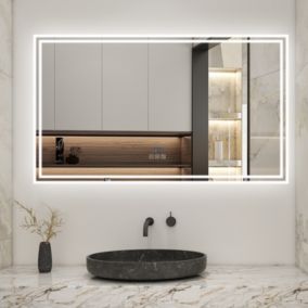 Miroir de salle de bain avec bluetooth simple et horloge, 120x70cm, Tri-color, anti-buée, LED, AICA SANITAIRE