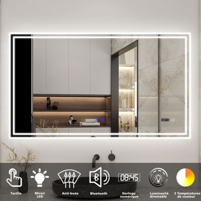 Miroir de salle de bain avec bluetooth simple et horloge, 120x70cm, Tri-color, anti-buée, LED, AICA SANITAIRE
