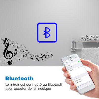 Miroir de salle de bain avec bluetooth simple et horloge, 120x70cm, Tri-color, anti-buée, LED, AICA SANITAIRE