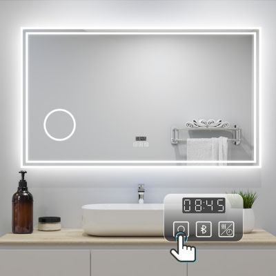 Miroir de Salle de Bain avec Eclairage LED 120x70cm avec Bluetooth,anti-buée, horloge numérique,loupe 3x