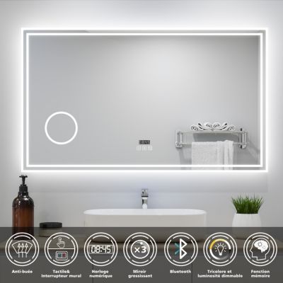 Miroir de Salle de Bain avec Eclairage LED 140x80cm avec Bluetooth,anti-buée, horloge numérique,loupe 3x