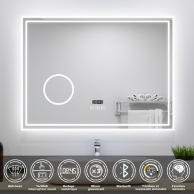 Miroir de Salle de Bain avec Eclairage LED 80x60cm avec Bluetooth,anti-buée, horloge numérique,loupe 3x